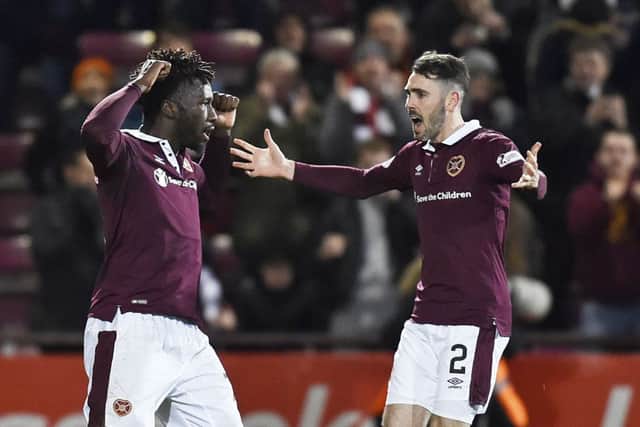 Hearts' Esmael Goncalves celebrates his goal with team-mate Michael Smith. Pic: SNS