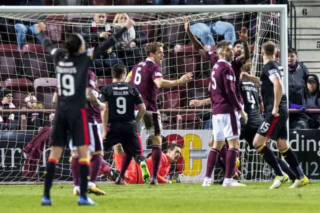 Christophe Berra, centre, claims for offside after Doolan's goal. Pic: SNS