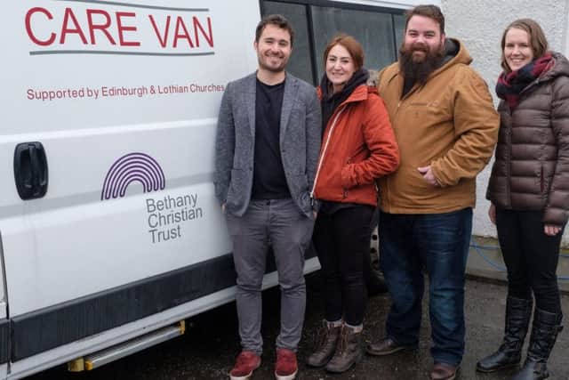 Alice Thomson and Josh Littlejohn, co founders of Social Bite, with Bethany Christian Trusts Ruth Longmuir (Care Van and Care Shelter Manager) and Cameron Black (Emergency & Resettlement Group Head).