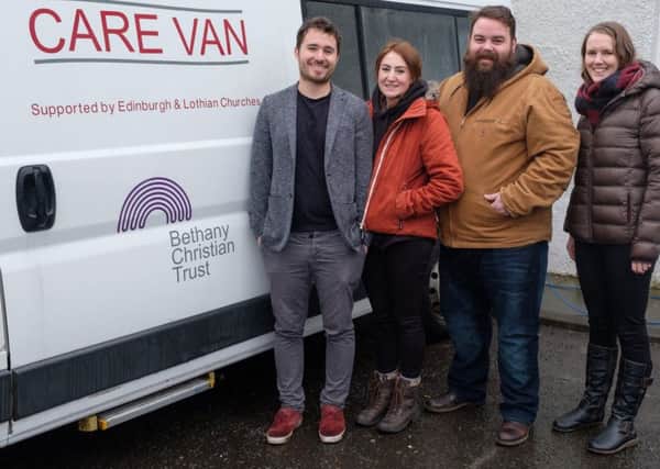 Alice Thomson and Josh Littlejohn, co founders of Social Bite, with Bethany Christian Trusts Ruth Longmuir (Care Van and Care Shelter Manager) and Cameron Black (Emergency & Resettlement Group Head).