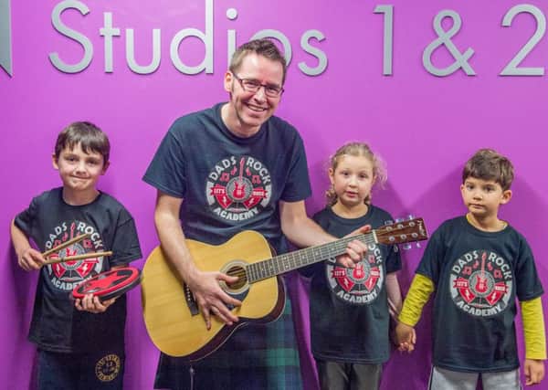 Photograph by Ian Georgeson Dads Rock on  launch night at the music box Sighthill campus of Edinburgh College.  Pic: Fergus Wright (8), Thomas Lynch, Hanka Seabright (6) and Daniel Nec (4)