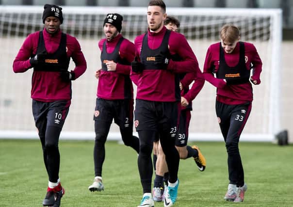 Cole Stockton (centre)  is likely to lead the line for Hearts again against Hamilton. Picture: SNS Group