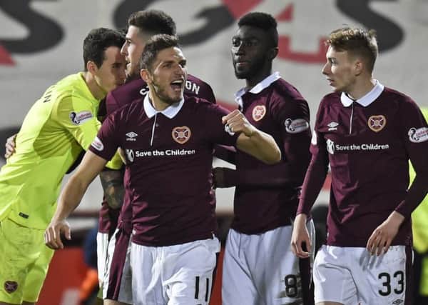 Hearts players celebrate after Jamie Walker's goal against Hamilton. Pic: SNS