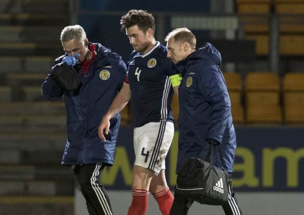 John Souttar thought he was stretchered off on Scotland Under-21 duty, but this image confirmed to him that he walked off despite his head knock. Pic: SNS