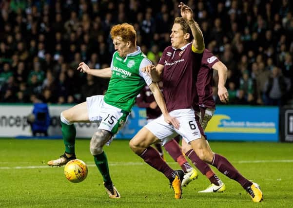 Simon Murray competes with Christophe Berra during the last derby meeting between the two sides. Picture: SNS Group
