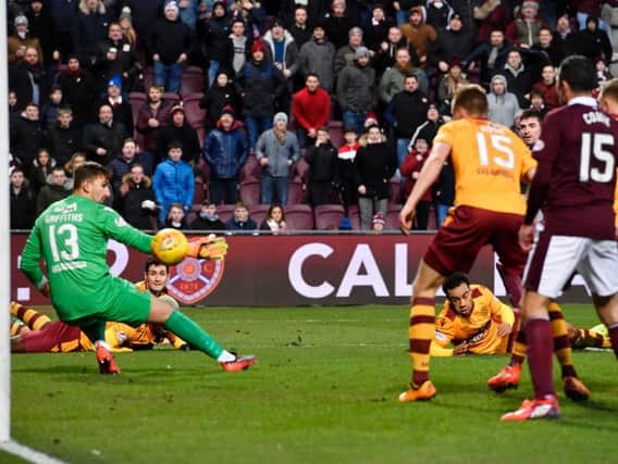 Kyle Laffterty opens the scoring for Hearts against Motherwell.