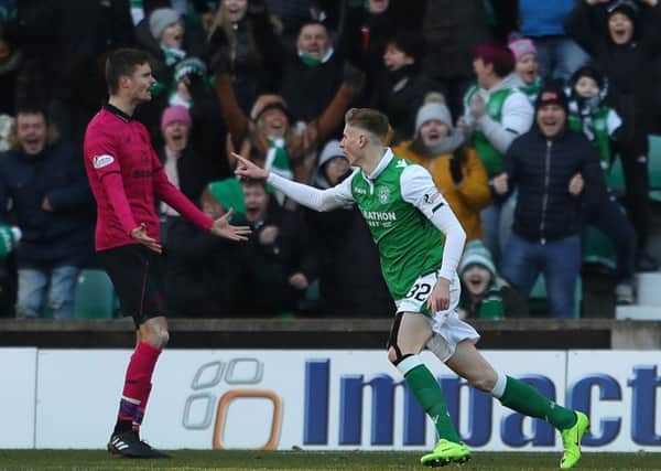 Oli Shaw celebrates scoring against Celtic in the 2-2 draw at Easter Road. Picture: Press Association