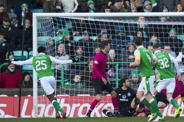 Efe Ambrose sees his shot hit the back of the net against Celtic. Picture: SNS Group