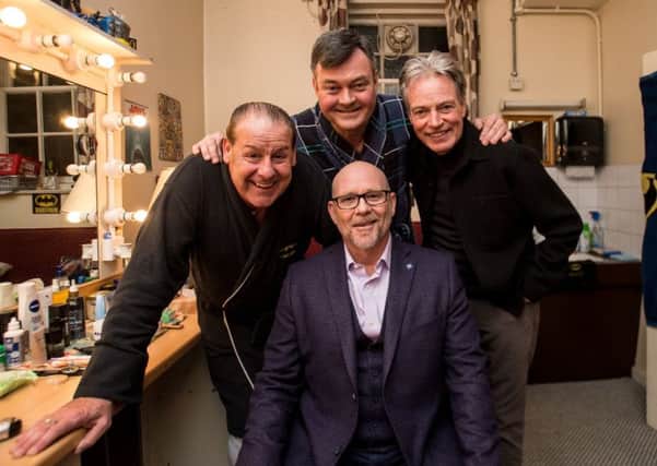 Panto stars Andy Gray, Grant Stott and Allan Stewart welcome Jason Connery backstage