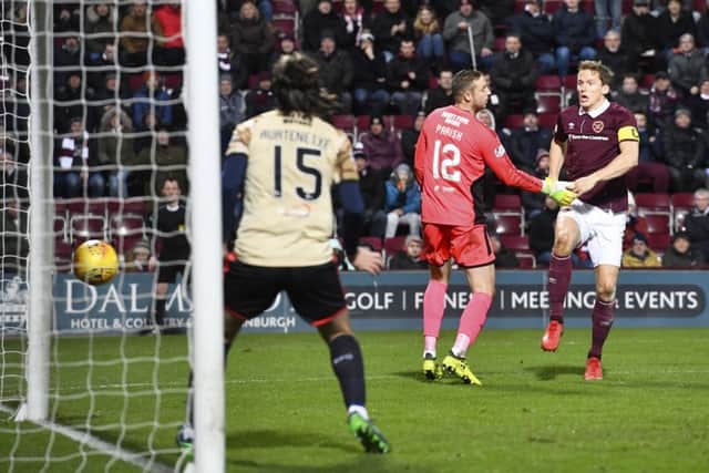 Hearts captain Christophe Berra rifles the ball home to make it 2-0. Pic: SNS