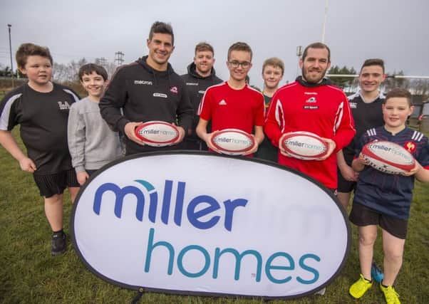 Edinburgh Rugby teamed up with Community Partner Miller Homes to deliver rugby balls to clubs and schools including Leith Academy, Wester Hailes Education Centre, North Berwick RFC, Penicuik RFC, Inveralmond Community High School, Lasswade RFC and Currie High School. Players Kevin Bryce, Neil Cochrane and Phil Burleigh are pictured above with pupils from Linlithgow Academy. Pic: Phil Wilkinson