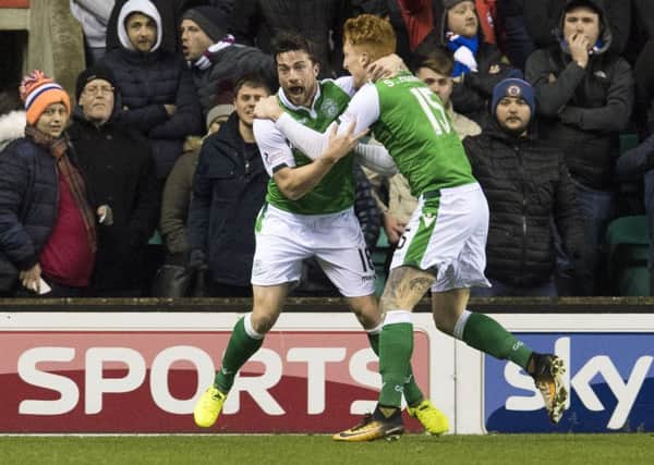 Simon Murray and Lewis Stevenson celebrate the opening goal against Rangers on Wednesday night. Picture: SNS Group