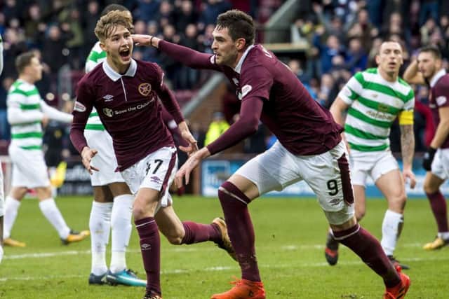 Hearts' Harry Cochrane (left) celebrates his goal with Kyle Lafferty. Picture: SNS