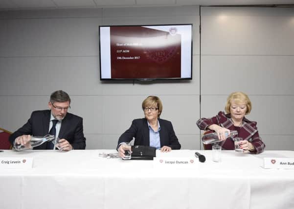 Hearts owner Ann Budge, right, manager Craig Levein and finance director Jacqui Duncan. Pic: Greg Macvean