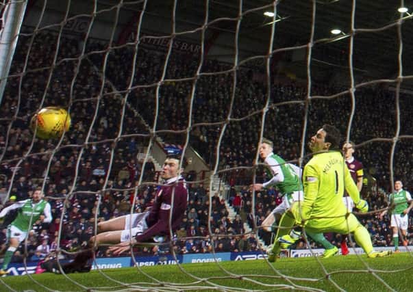 Hibs striker Oli Shaw's effort crossed the line at Tynecastle but a goal wasn't awarded