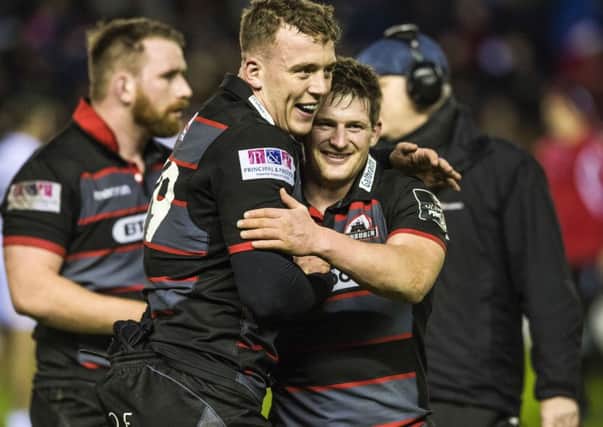 Fraser McKenzie (left) and James Johnstone celebrate at full-time after last week's 1872 Cup win over Glasgow. Picture: SNS Group