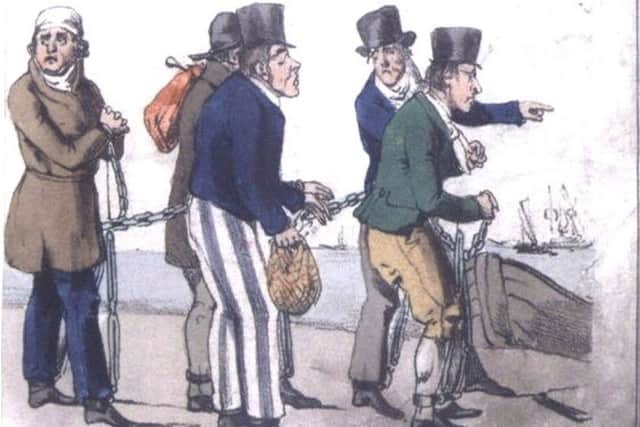 Contemporary drawing of convicts in a chain gang in Australia
