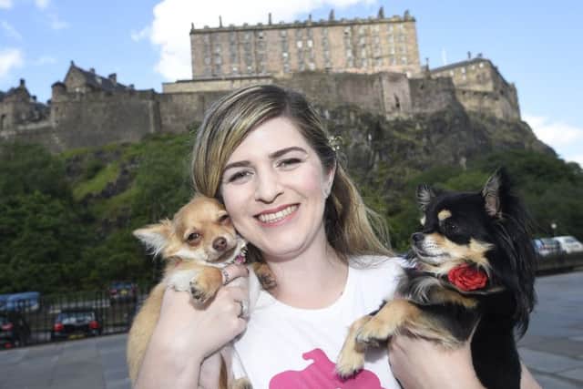 Owner of Edinburgh Chihuahua Cafe Tanya Salitura pictured with 2 of her dogs Hepburn (4 months, left) and Ama (4.5 years, right). Picture: Greg Macvean