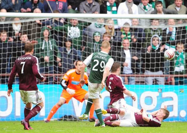 Ross Caldwell scores the winning goal for Hibs at Tynecastle in May 2013.  Pic: Ian Rutherford
