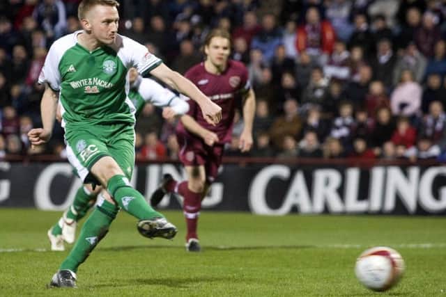 Derek Riordan converts his penalty to clinch victory for Hibs at Tynecastle in May 2009