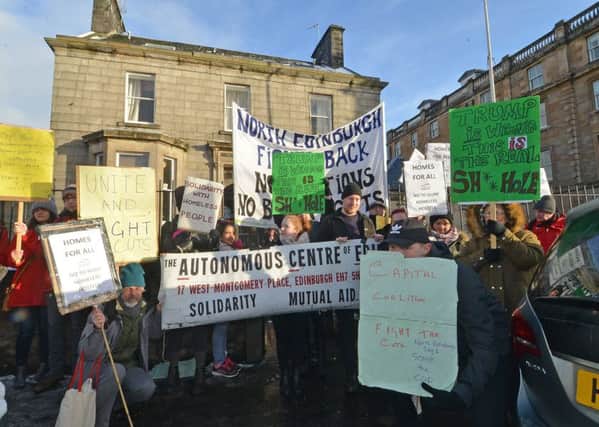 DISGUSTING: Homes for Everyone protest outside Abbots House in Leith where families are expected to cram into one filthy room