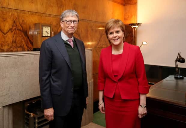 Bill Gates is greeted by First Minister Nicola Sturgeon during a meeting at St Andrew's House, Edinburgh. Picture: Jane Barlow/PA Wire