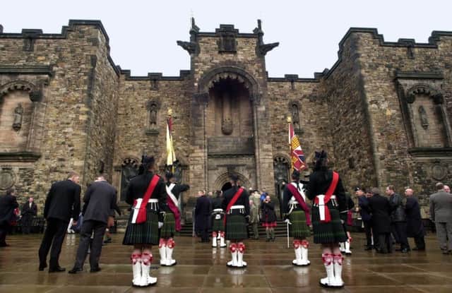 The Queen's Own Highlanders lay their colours at the National War Memorial. Attended by the Duke  of Edinburgh.