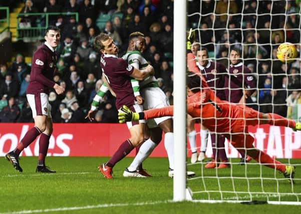 Moussa Dembele makes it 3-0 to Celtic. Pic: SNS