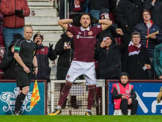 Hearts winger David Milinkovic celebrates after scoring against St Johnstone