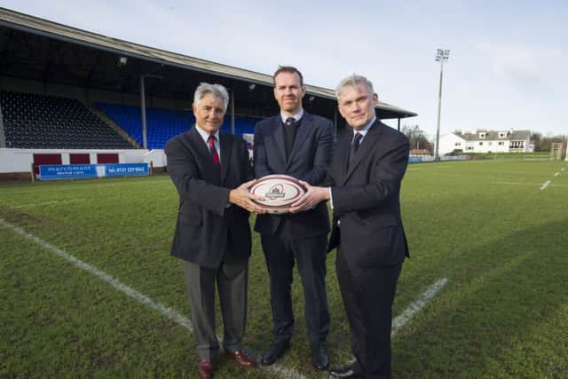 From left, Andy Irvine former SRU President, Jon Petrie, Edinburgh Rugby MD,  and Melvyn Roffe, Principal of George Watsons College, at Myreside which is being prepared to host Edinburgh Rugby home games.
  Picture: Ian Rutherford
