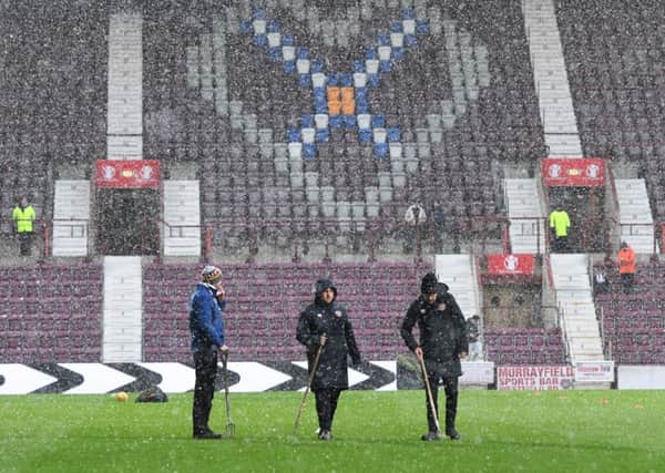 The current pitch at Tynecastle Park has been badly affected by the weather this winter. Pic: SNS