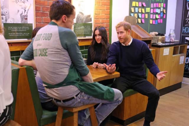Prince Harry and Meghan Markle during a visit to Social Bite in Edinburgh, Picture: Owen Humphreys/PA Wire