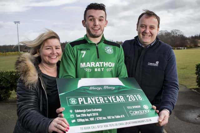 John McGinn promotes the annual Caledonian Player of the Year Awards with Caledonian's Head of Sales and Sponsorship Laura Montgomery, left,  and Director of Heating and Plumbing Moray Lamb