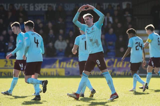Kyle Lafferty celebrates putting Hearts ahead. Pic: SNS