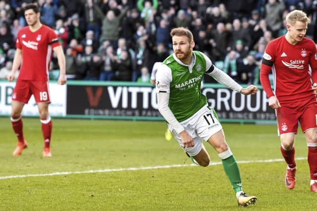 Hibs' Martin Boyle celebrates after opening the scoring. Pic: SNS