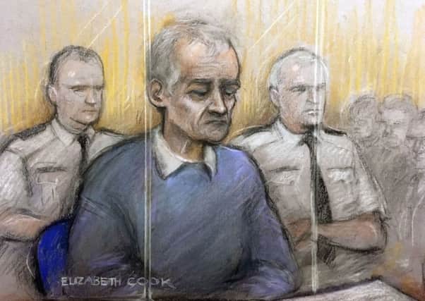 Court artist sketch by Elizabeth Cook of former football coach Barry Bennell appearing at Liverpool Crown Court. Picture: Elizabeth Cook/PA Wire