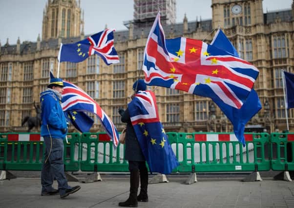 Pro-EU campaigners outside Westminster, where there could be a majority for Labours customs union position. Picture: Getty