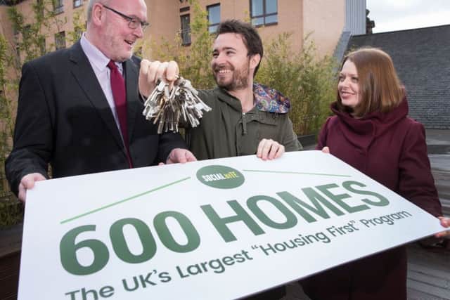 Martin Armstrong, chief executive of Wheatley Housing Group, Josh Littlejohn and Suzanne Fitzpatrick of Heriot Watt University launch the 600 Homes project, Picture: Steve Welsh