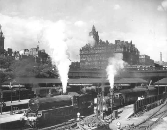 Steam trains at Waverley Station (1949). The Edinburgh-Glasgow line was Scotland's first inter city railway. Picture: TSPL