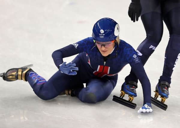 Great Britain's Elise Christie trips at the start of the Ladies' Short Track Speed Skating 1000m Heat 5. Picture; PA