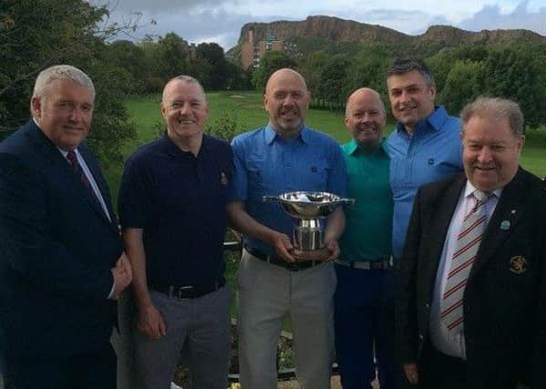 The Royal Bank of Scotland team won the event at Prestonfield in 2017. Pictured: Prestonfield vice captain Ross Gillon with RBS captain Alan Thomson, Douglas Dalziel, David Kidd and Stewart Barton and Lothians vice president John Allan