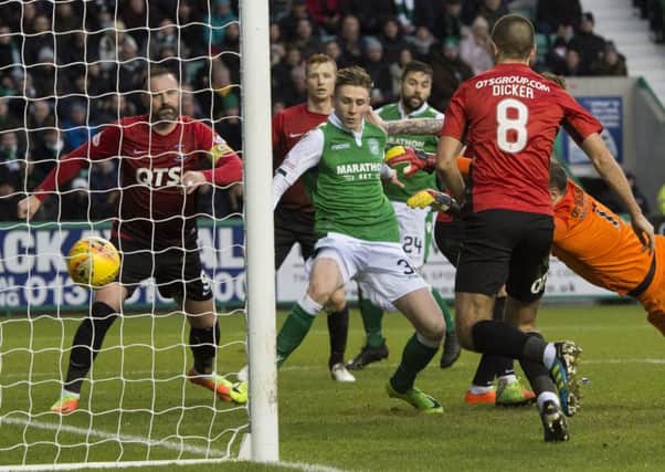 Oli Shaw scores to make it 1-1 against Kilmarnock at Easter Road in December
