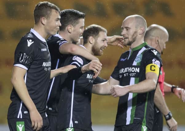 Martin Boyle celebrates scoring Hibs' third at Rugby Park in October