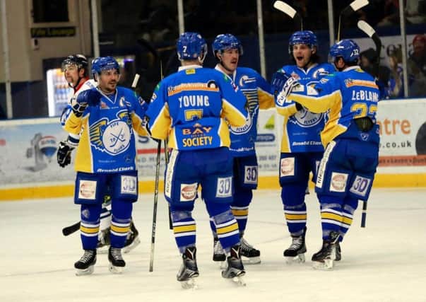 Peter LeBlanc, far right, helped Fife Flyers ease past the Caps. Pic: TSPL