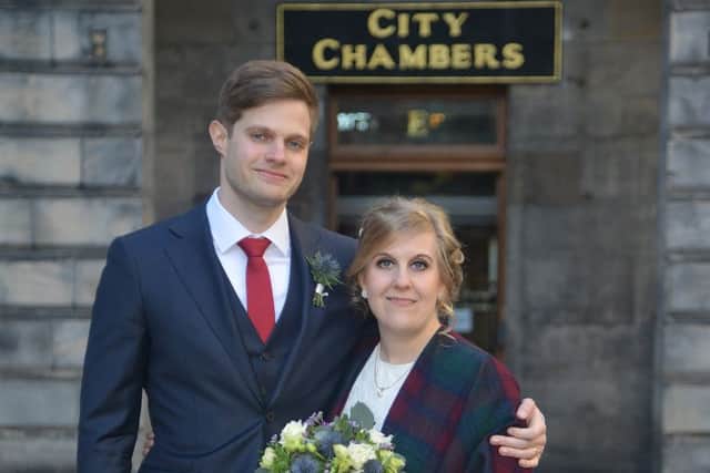Fabian Wegener (26) and Bride: Corinna Lehrke (27) get hitched at the new City Chambers marriage suite. Picture: Jon Savage.