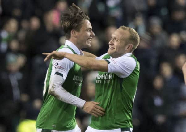 Scott Allan celebrates his opening goal with Hibs team-mate Dylan McGeouch