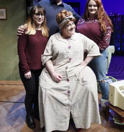 Entertainment Editor Liam Rudden as Edna Turnblad with Matt Rixon who plays her in the 2018 production of 
Hairspray, and Head of Wigs Verity Pitt and Head of Wardrobe Anna Winkler.