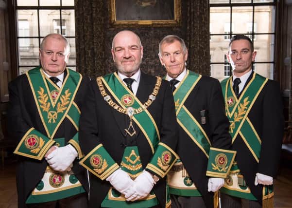 s: Left to right: David Begg, Grand Secretary of the Grand Lodge of Scotland, Ewan Rutherford, Depute Grand Master, Ramsay McGhee, Depute Grand Master at time of filming, Clark Wilson, Grand Tyler. Picture: BBC Scotland/Matchlight - Photographer: Graham Hunter
