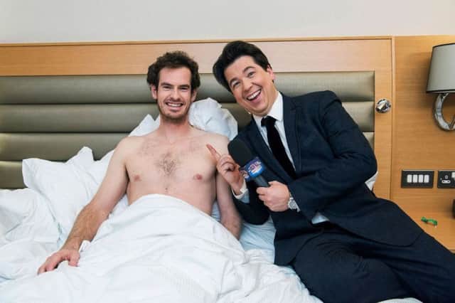 Michael McIntyre barged into Andy Murray's hotel room as the twice Wimbledon tennis champion slept soundly. Picture: BBC/PA