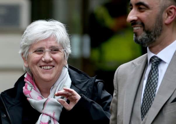 Former Catalan education minister Clara Ponsati, who is facing extradition to Spain, with her lawyer Aamer Anwar outside Edinburgh Sheriff Court (Picture: PA)